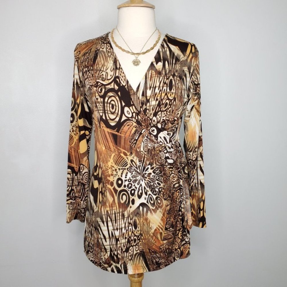 Women With Control Brown Orange Fall Colors Tunic Surplice Faux Wrap Top Size MP